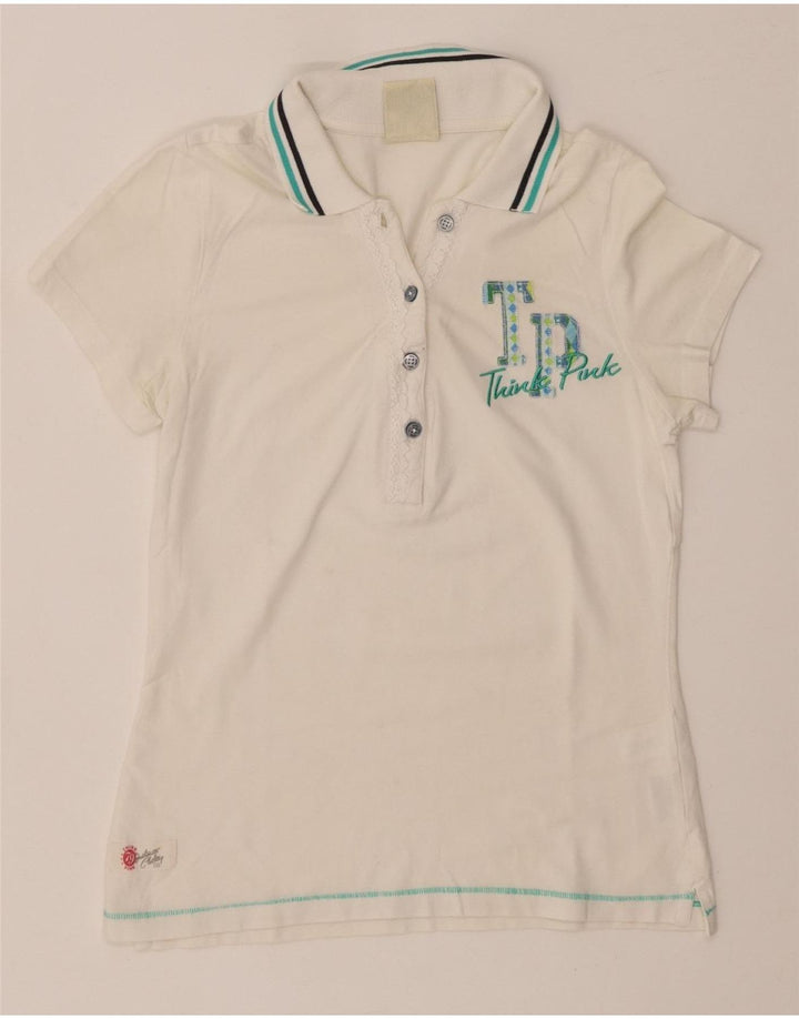 THINK PINK Polo gráfico para mujer UK 8 Small White Cotton