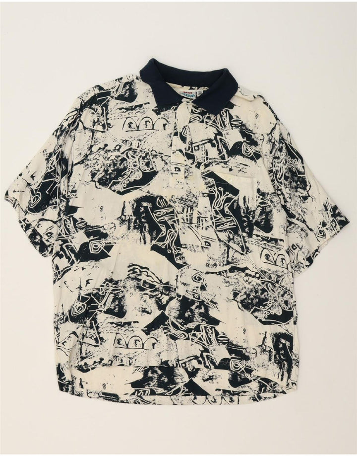 VINTAGE Mens Abstract Pattern Polo Shirt Medium Navy Blue Viscose Vintage Vintage and Second-Hand Vintage from Messina Hembry 
