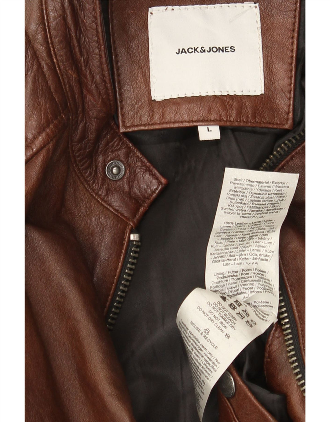 Jack & Jones Chaqueta motera de cuero para hombre UK 40 Large Cuero marrón