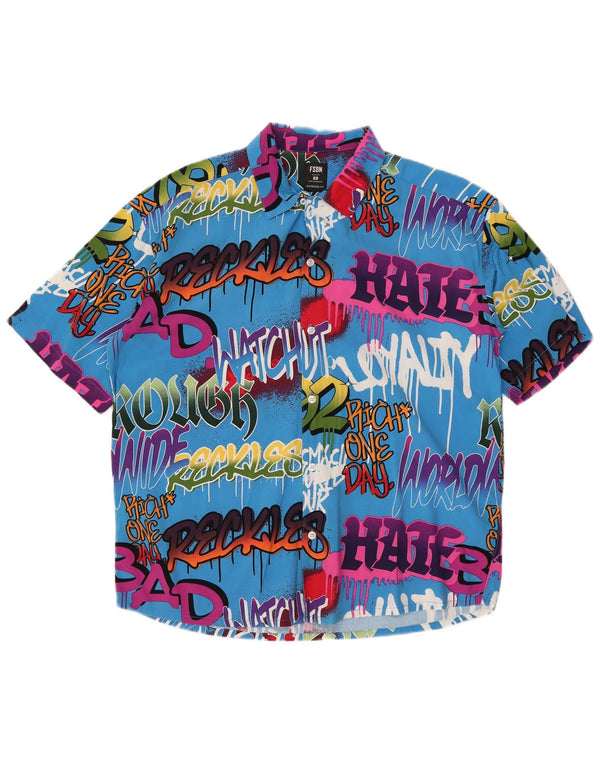 VINTAGE Camisa de manga corta con gráfico extragrande para hombre Bloque de color azul pequeño