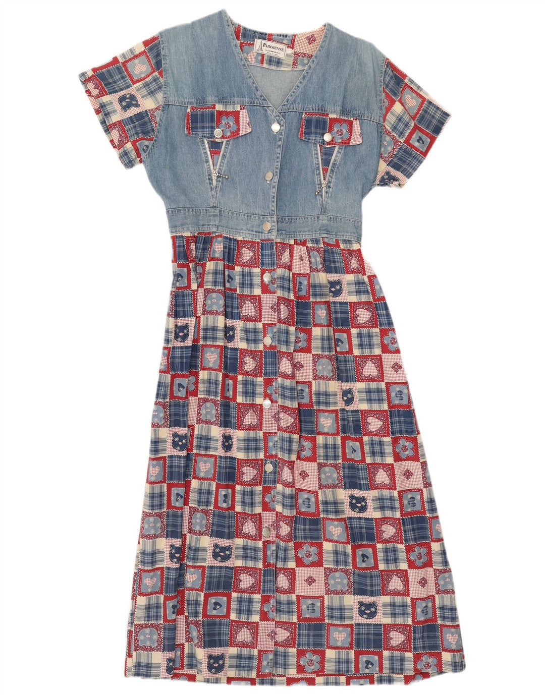 Vintage mujer A-Line vestido Reino Unido 14 gran patchwork azul