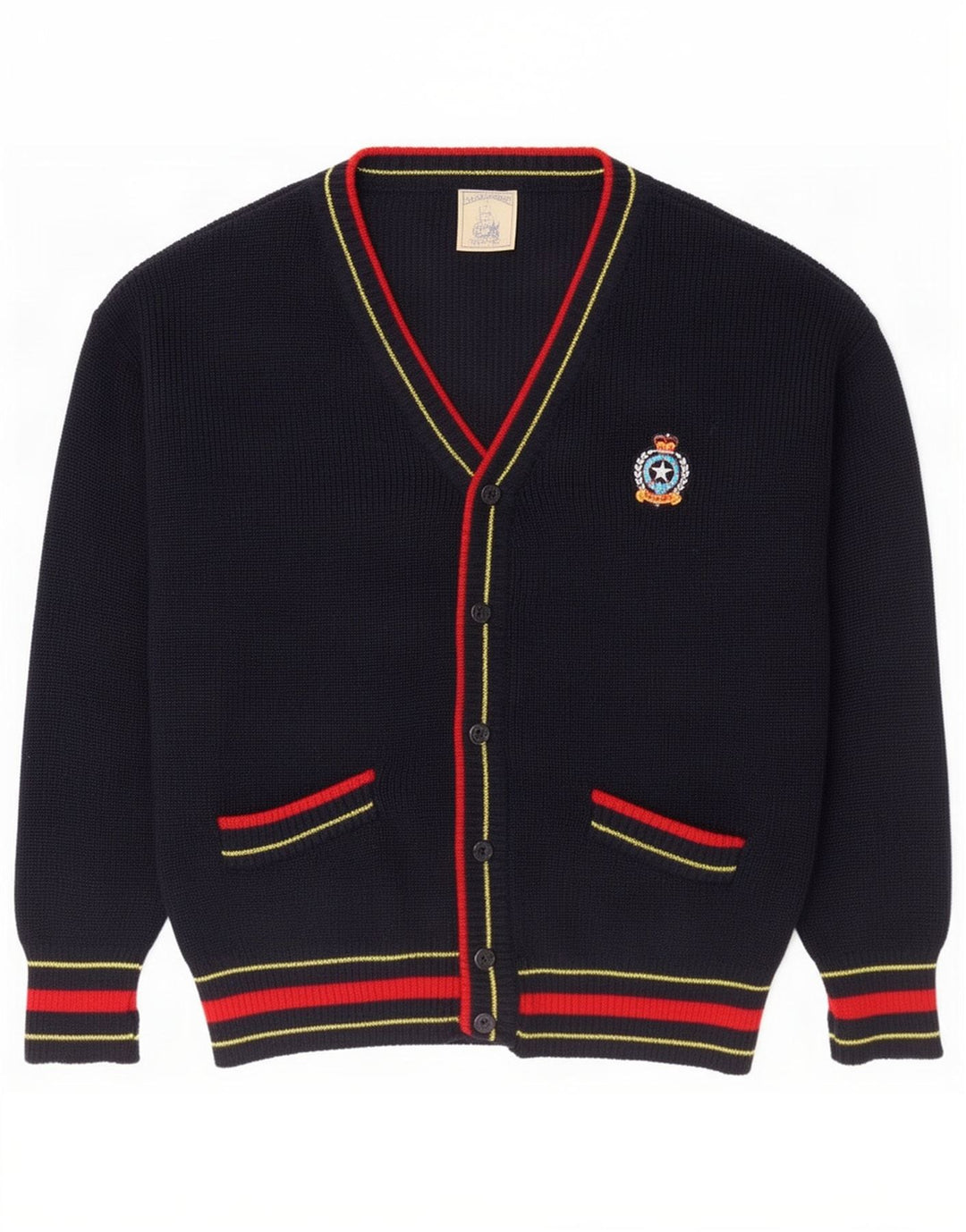 Vintage hombres Cardigan suéter grande azul marino lana