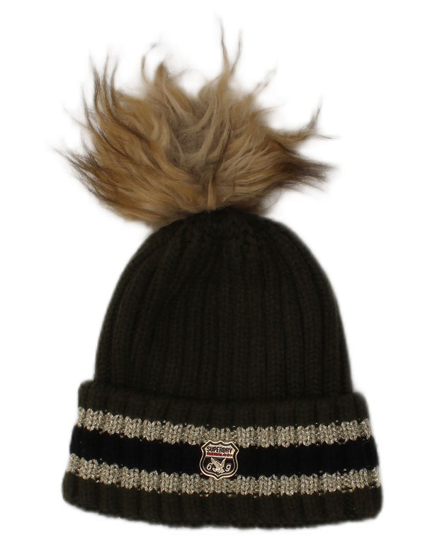Superdry Mujer Gorro De Punto Con Pompón Talla Única Caqui A Rayas Invierno