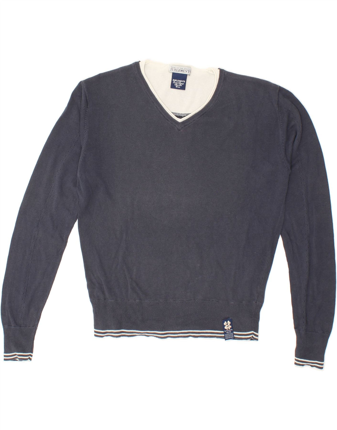 ZU ELEMENTS Womens V-Neck Jumper Sweater UK 14 Medium Navy Blue Cotton Vintage Zu Elements and Second-Hand Zu Elements from Messina Hembry 