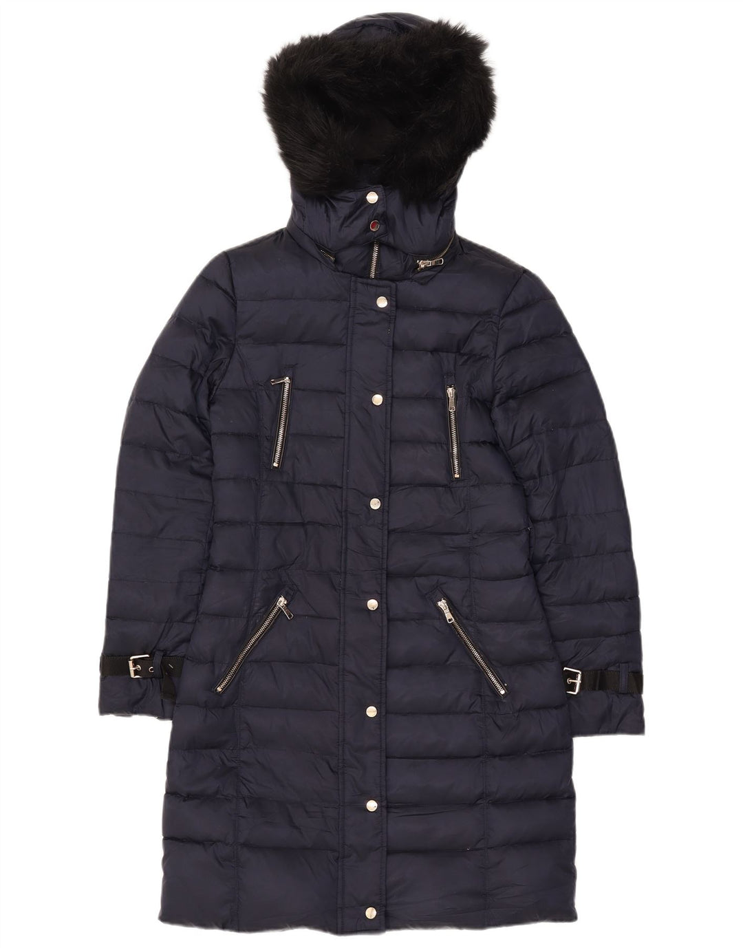 Zara Mujer Abrigo Acolchado Con Capucha UK 10 Small Poliéster Azul Marino