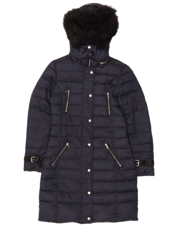 Zara Mujer Abrigo Acolchado Con Capucha UK 10 Small Poliéster Azul Marino
