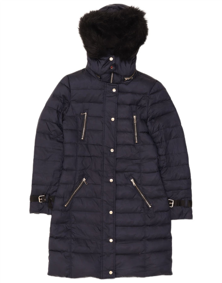 Zara Mujer Abrigo Acolchado Con Capucha UK 10 Small Poliéster Azul Marino