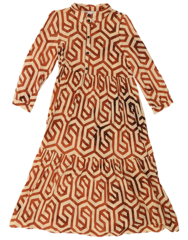 Zara Vestido Escalonado De Manga 3/4 para Mujer UK 40 Small Beige Geométrico