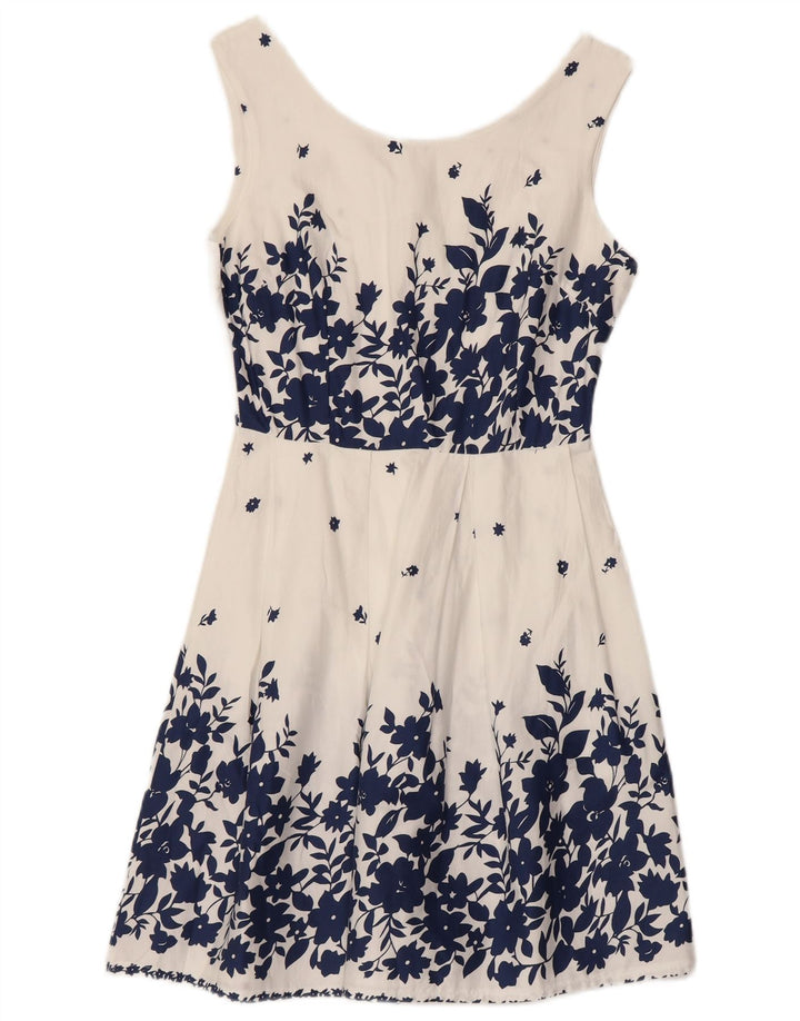 VINTAGE mujer sin mangas A-Line vestido Reino Unido 8 pequeño algodón floral blanco