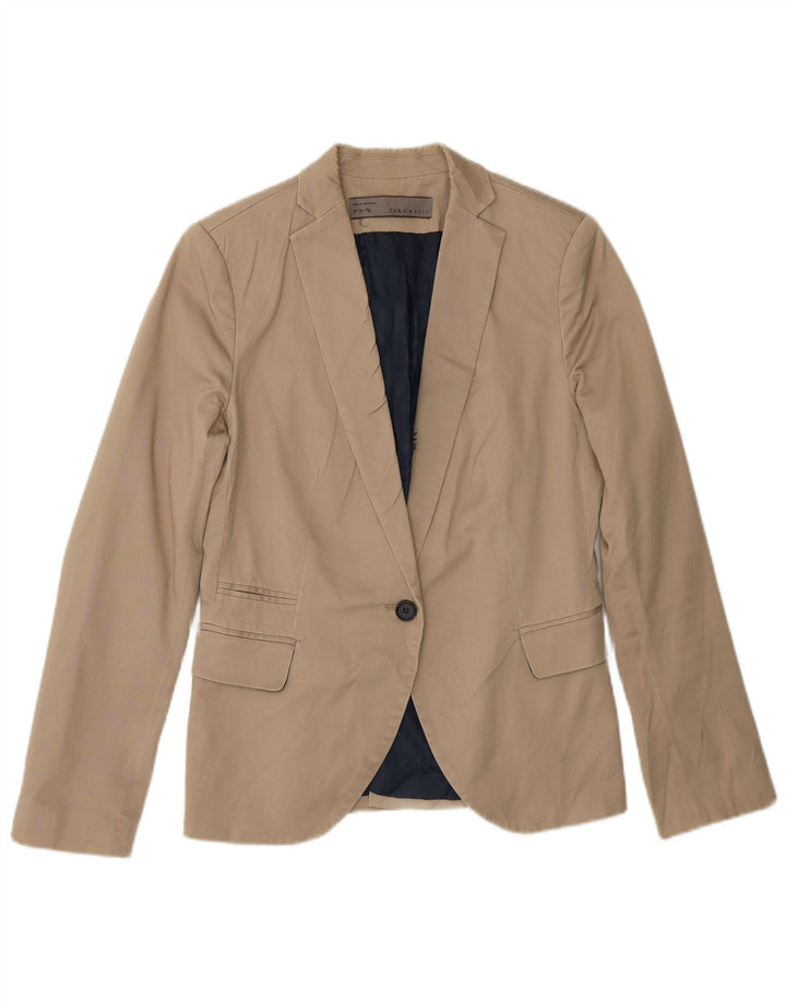 Zara Mujer Chaqueta Blazer De 1 Botón UK 42 Algodón Beige Medio