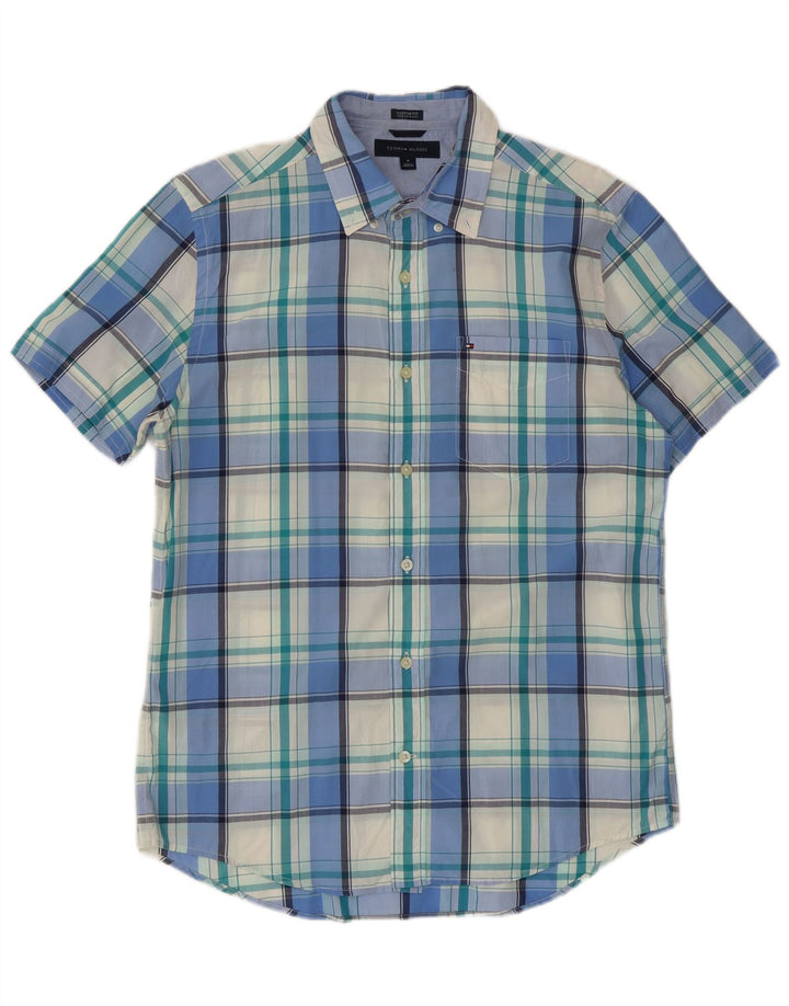 Camisa Tommy Hilfiger de manga corta con ajuste personalizado de algodón a cuadros azul medio para hombre