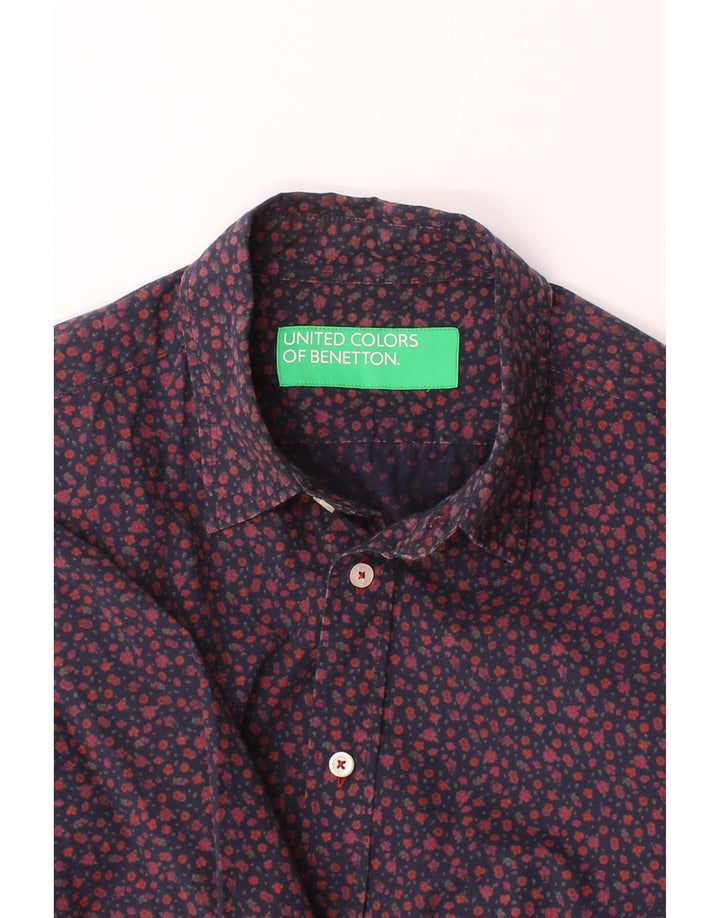 BENETTON Mens Shirt Large Navy Blue Floral Cotton Vintage Benetton and Second-Hand Benetton from Messina Hembry 