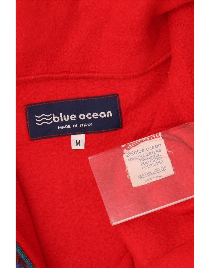 Vintage hombres zip cuello polar jumper medio rojo geométrico poliéster