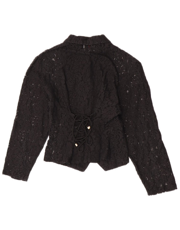 Vintage mujer crop ver a través de camisa blusa Reino Unido 4 XS negro floral