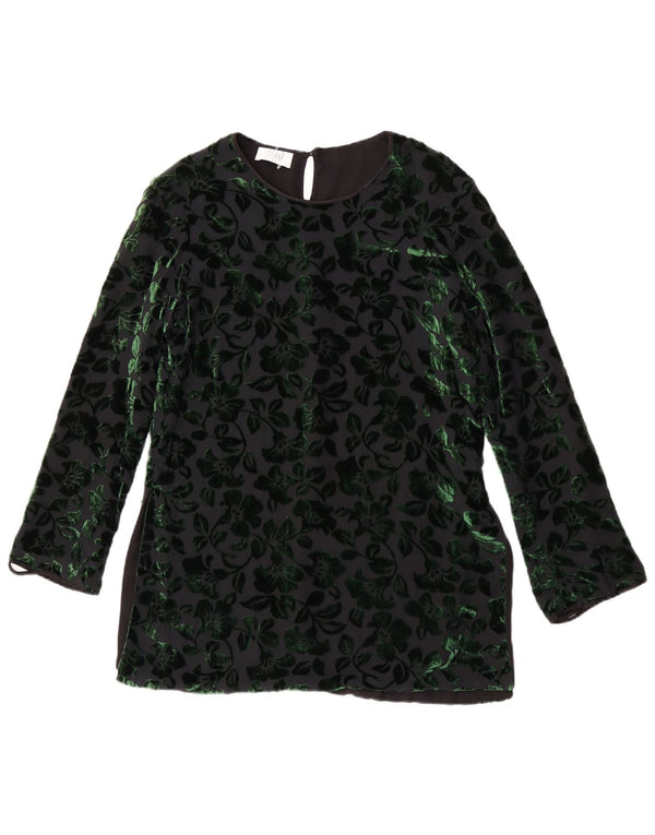 Vintage mujer manga larga terciopelo blusa Top Reino Unido 12 medio negro floral