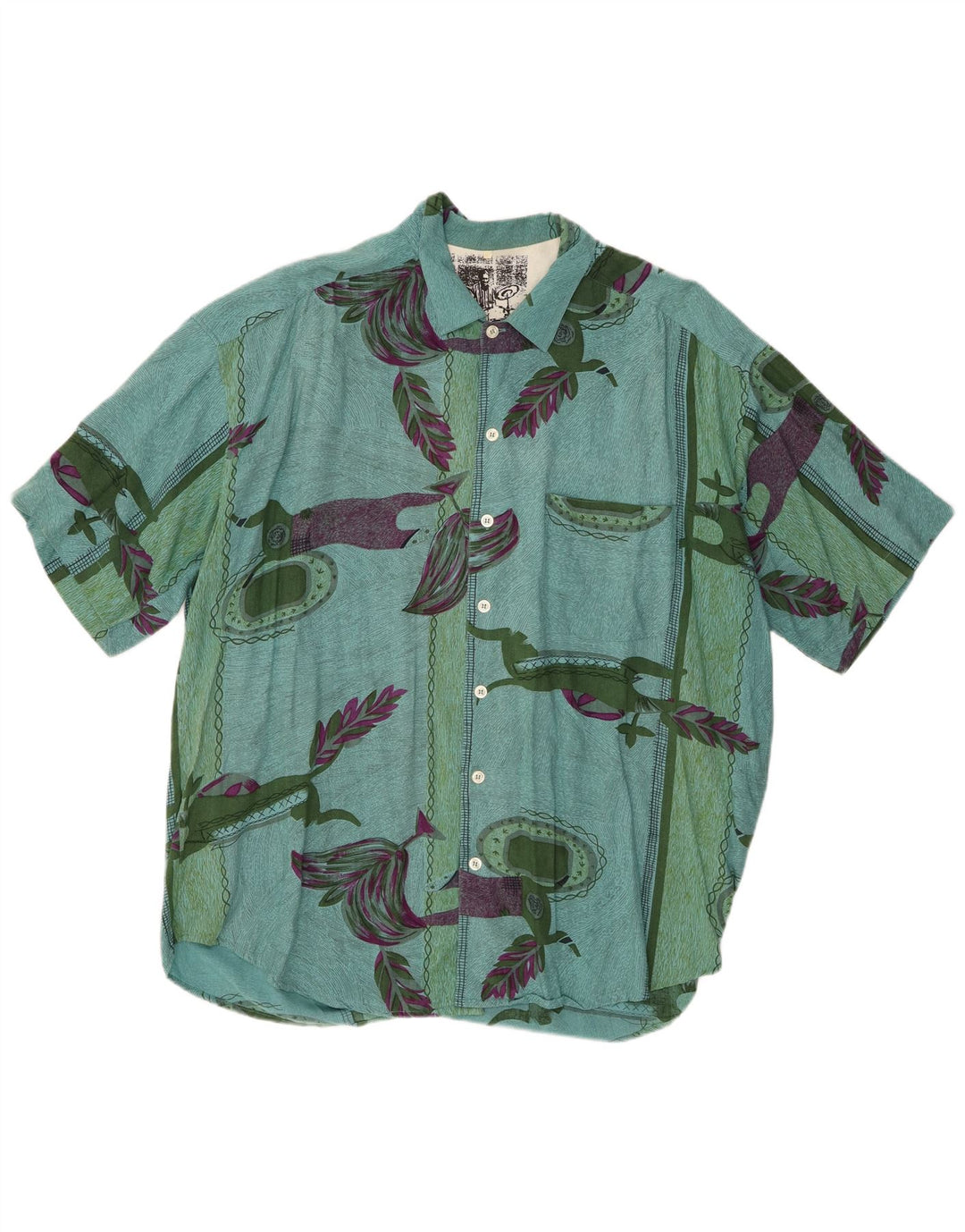 Vintage hombres patrón abstracto camisa de manga corta XL viscosa verde