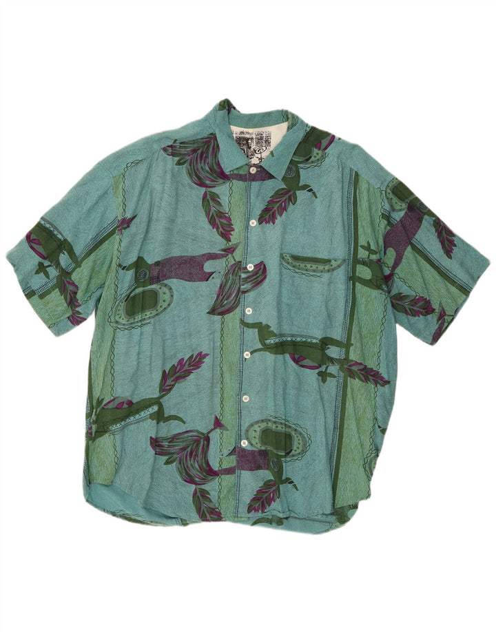 Vintage hombres patrón abstracto camisa de manga corta XL viscosa verde