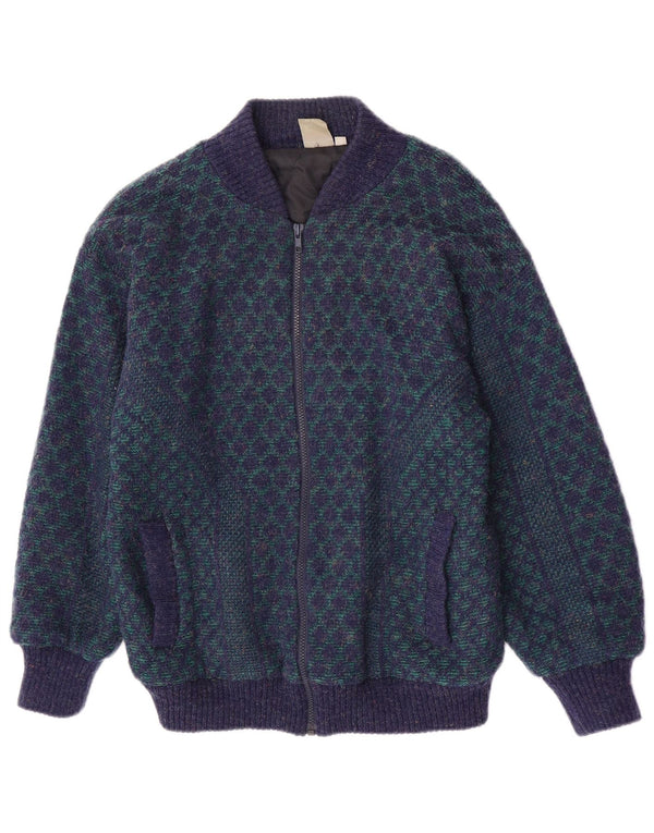 Vintage hombres punto bomber chaqueta Reino Unido 38 azul medio geométrico acrílico retro