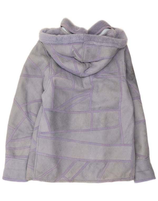 Vintage mujer con capucha chaqueta de piel de oveja Reino Unido 16 gran patchwork púrpura