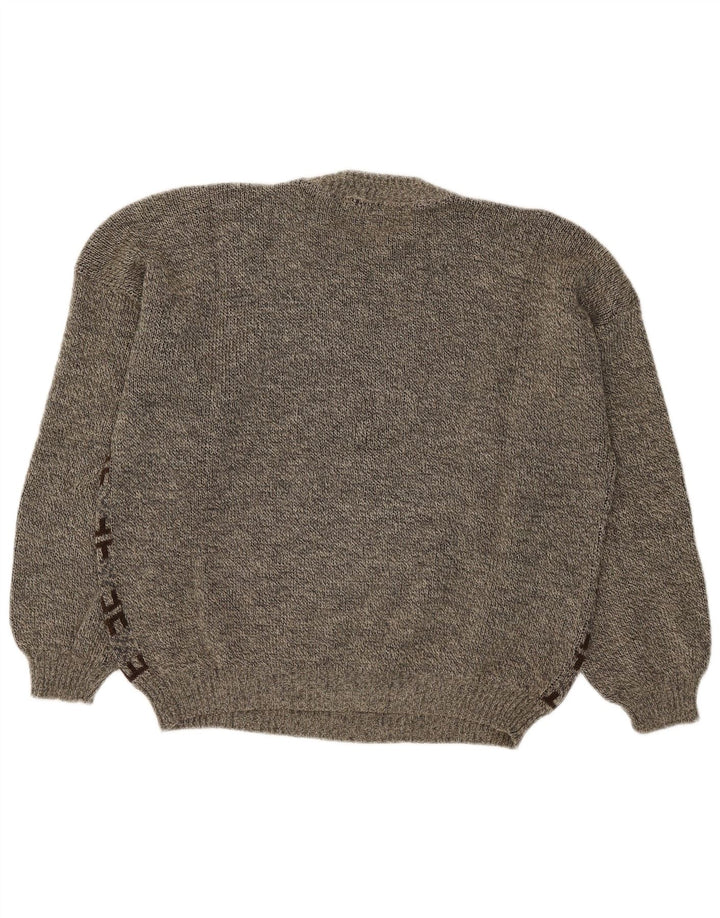 Vintage hombres cuello redondo jersey suéter grande gris geométrico