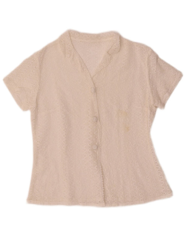 Vintage mujer crop manga corta crochet camisa blusa Reino Unido 10 pequeño blanco