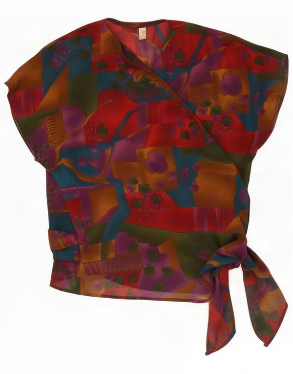 Blusa cruzada de manga corta vintage para mujer UK 46 Grande Rojo Geométrico