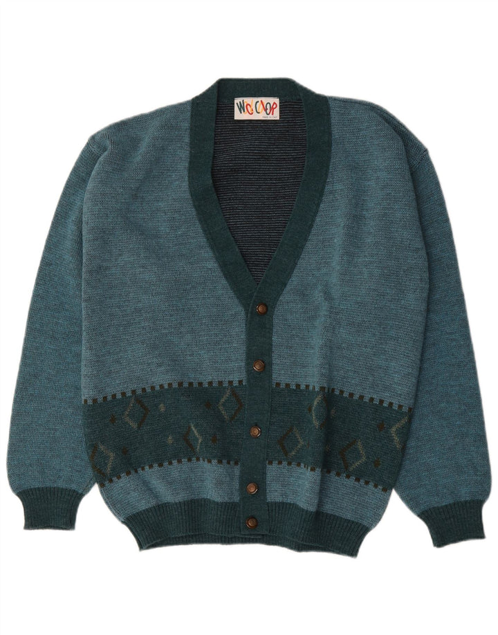 Vintage hombres Cardigan suéter medio turquesa Argyle/lana de diamante
