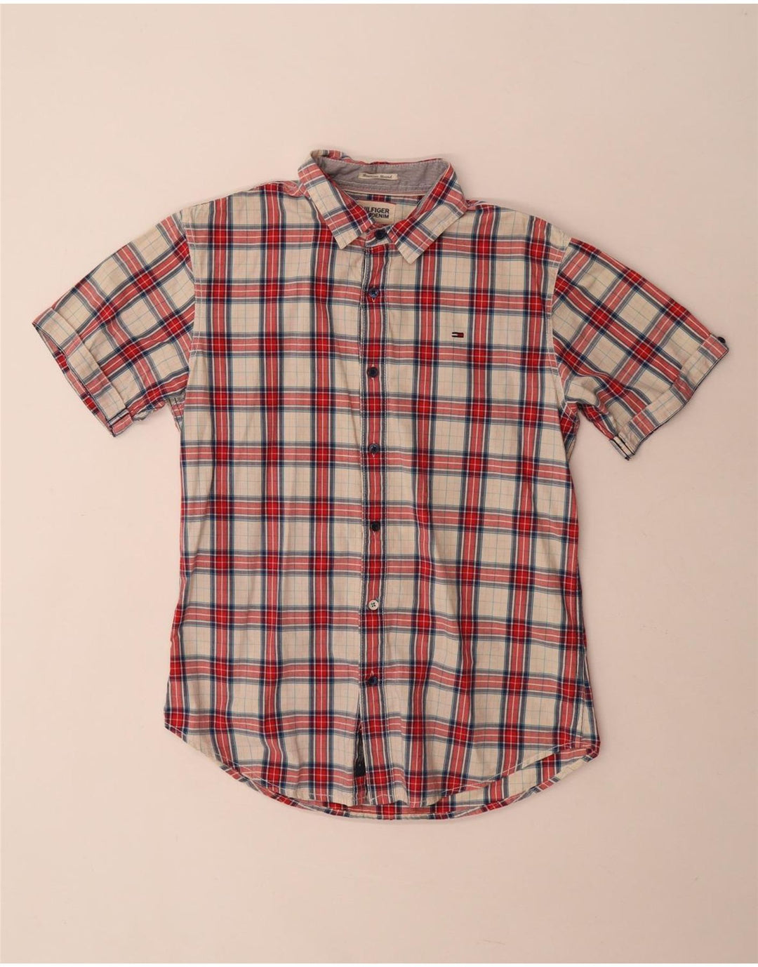 Camisa Tommy Hilfiger de manga corta de algodón a cuadros rojos medianos para hombre