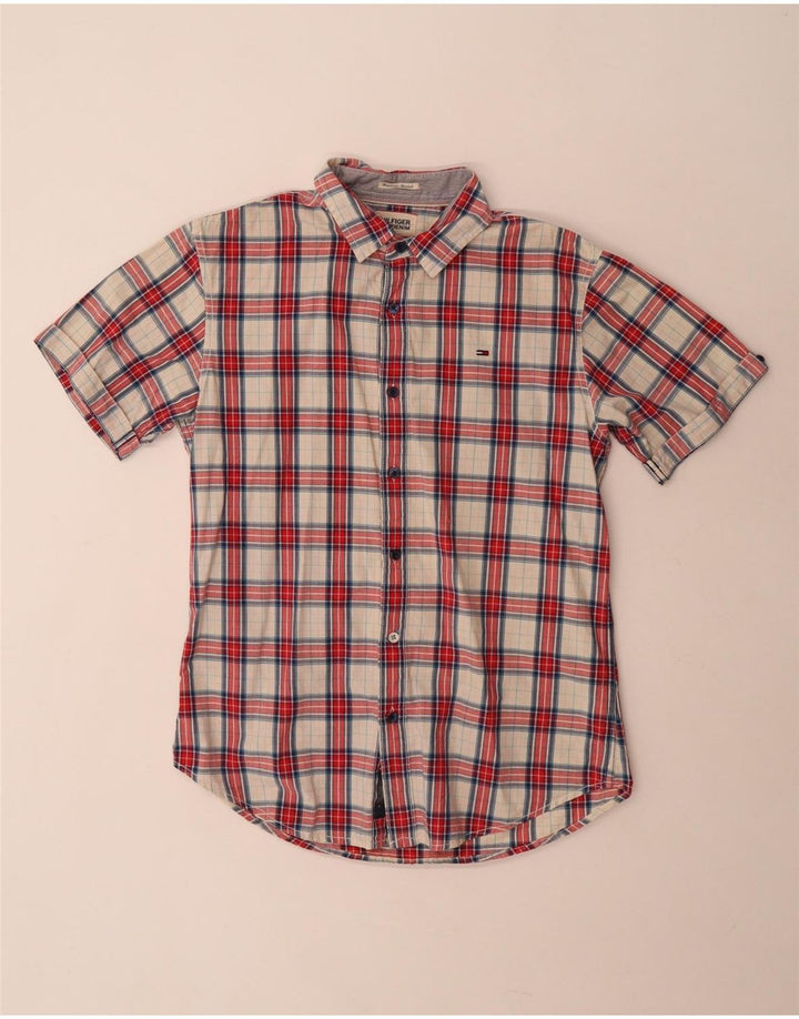 Camisa Tommy Hilfiger de manga corta de algodón a cuadros rojos medianos para hombre