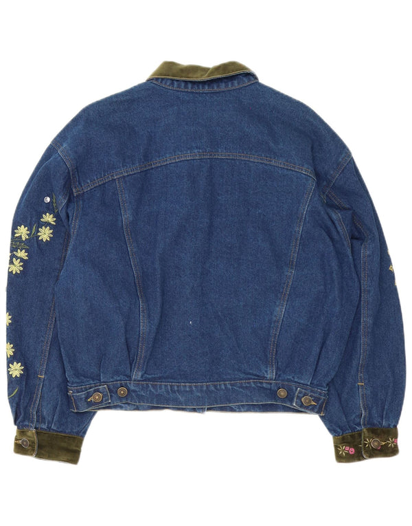 Vintage mujer suelta ajuste chaqueta de mezclilla Reino Unido 14 algodón floral azul medio