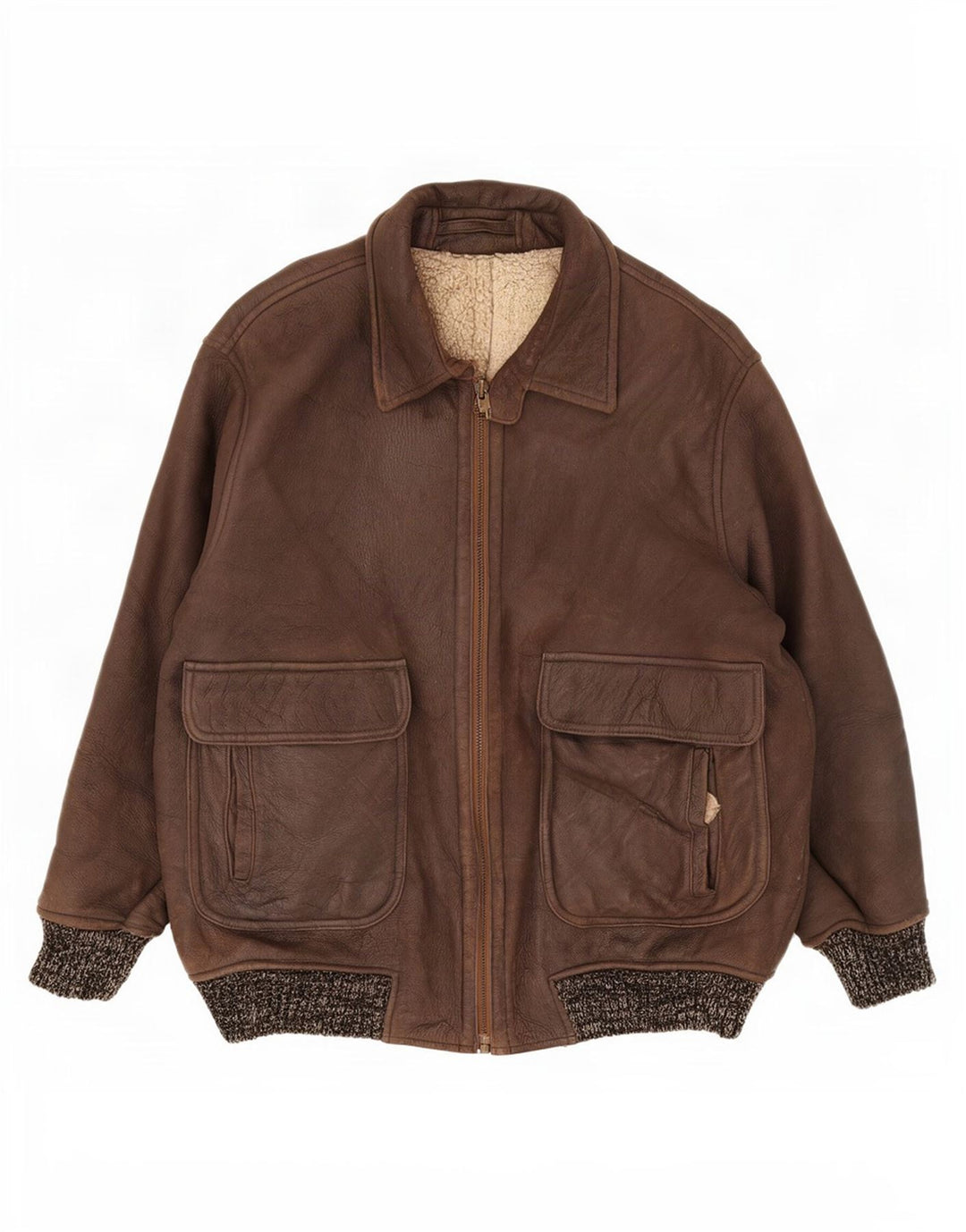 Chaqueta de piel de oveja vintage para hombre IT 52 XL marrón moteado