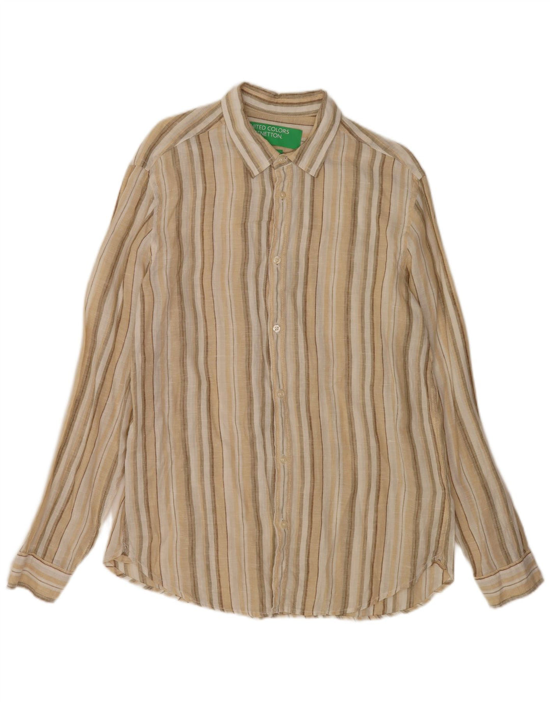 Camisa Benetton Hombre Lino Rayas Beige Medio