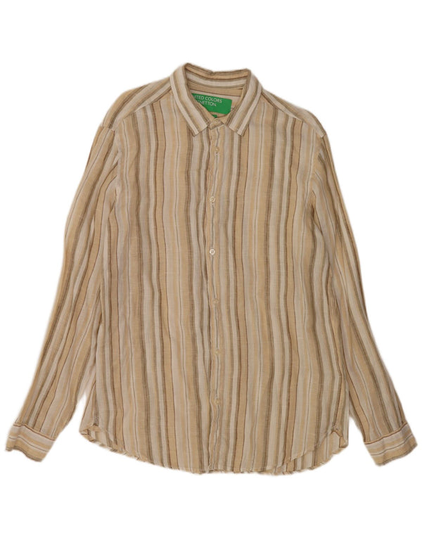 Camisa Benetton Hombre Lino Rayas Beige Medio
