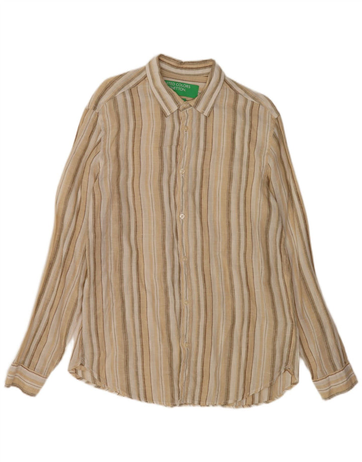 Camisa Benetton Hombre Lino Rayas Beige Medio