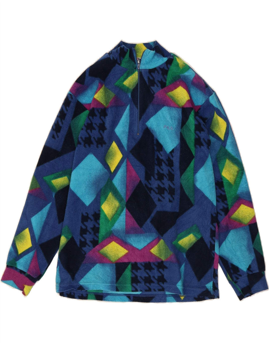 FILA Mens Zip Neck Fleece Jumper IT 48 Small Blue Geometric Polyester Vintage Fila and Second-Hand Fila from Messina Hembry 
