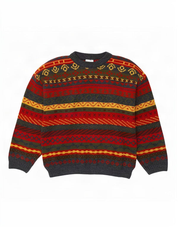 Vintage hombres cuello redondo jersey suéter medio multicolor Fair Isle