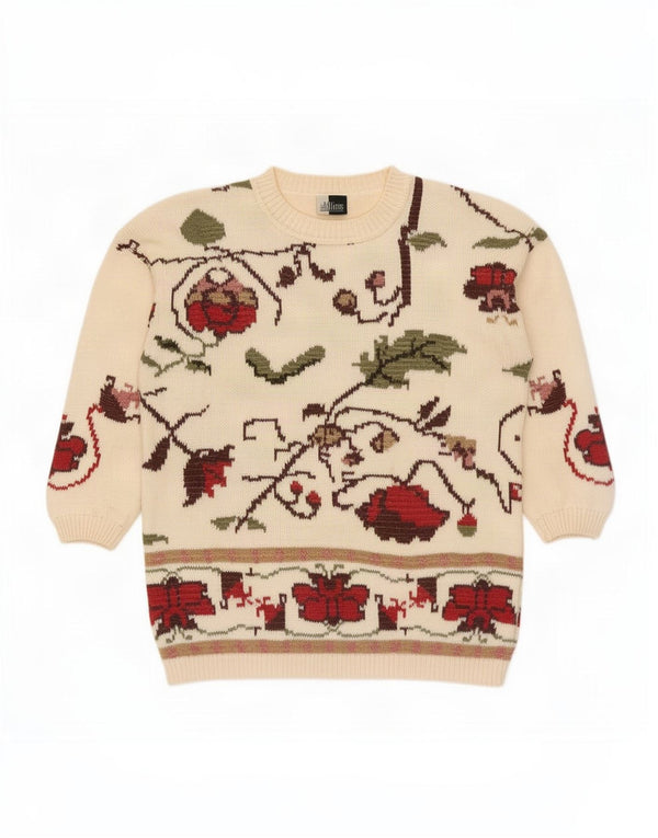 Vintage mujer cuello redondo jersey suéter Reino Unido 14/16 algodón floral beige grande