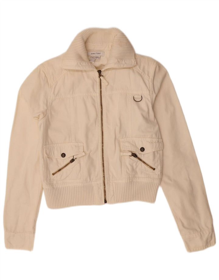 ZARA Womens Crop Bomber Jacket UK 16 Large Off White Cotton
