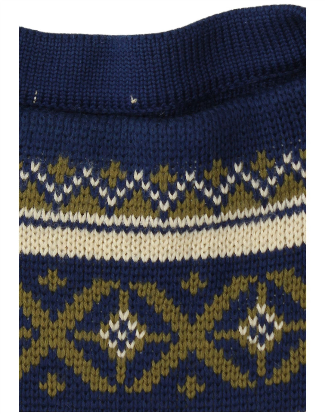 VINTAGE Hombres Barco Cuello Jersey Suéter Medio Azul Marino Fair Isle