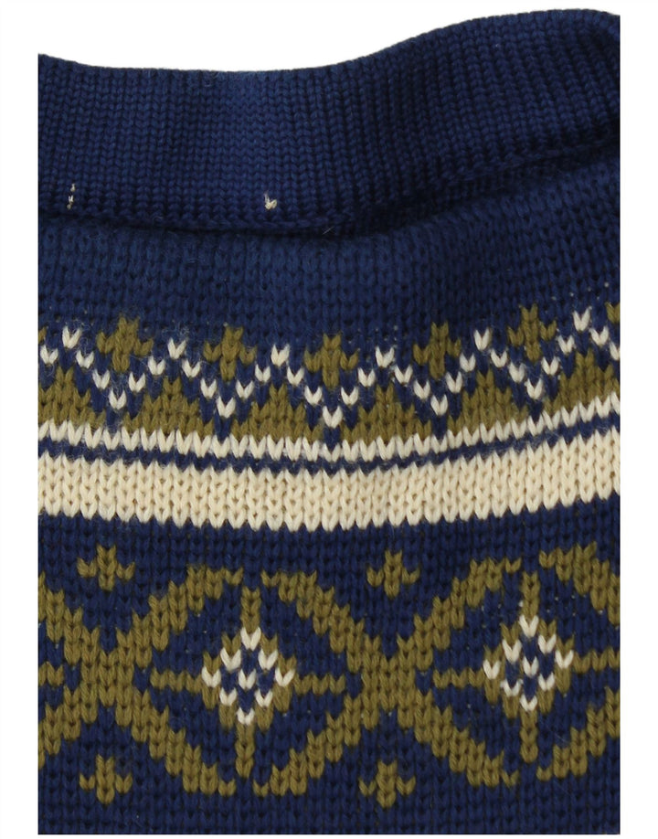 VINTAGE Hombres Barco Cuello Jersey Suéter Medio Azul Marino Fair Isle