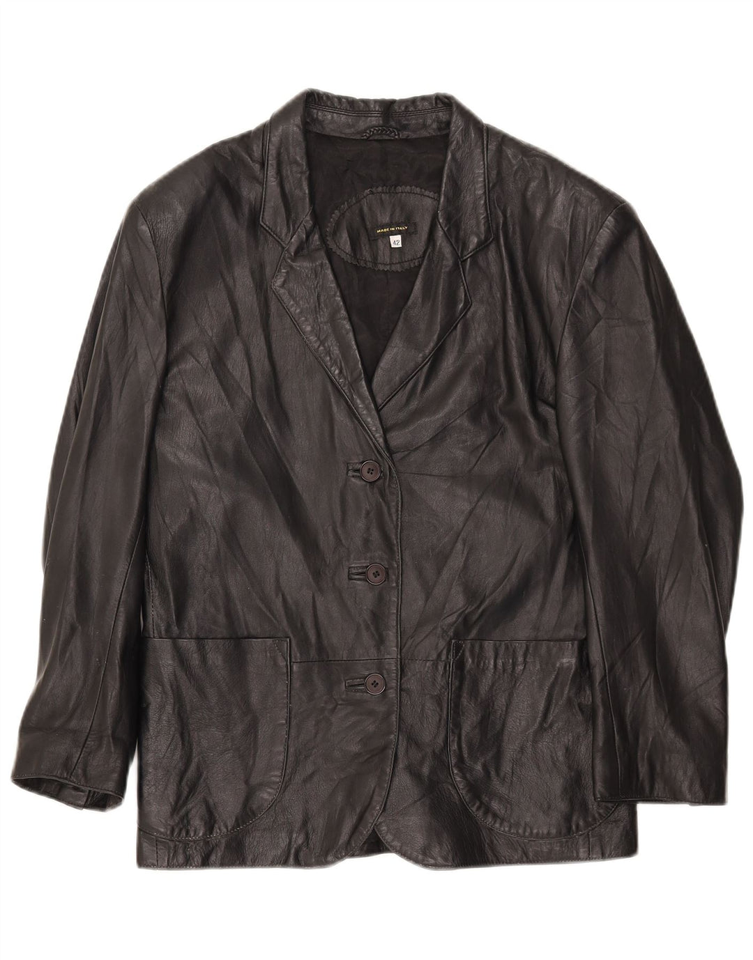 Vintage mujer 3 botones cuero Blazer chaqueta IT 42 medio negro
