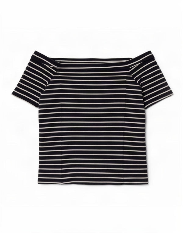 Phase Eight Top corto con hombros descubiertos para mujer UK 44 Mediano Azul marino a rayas