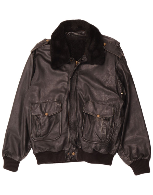 Vintage hombres chaqueta de cuero militar IT 56 3XL cuero negro
