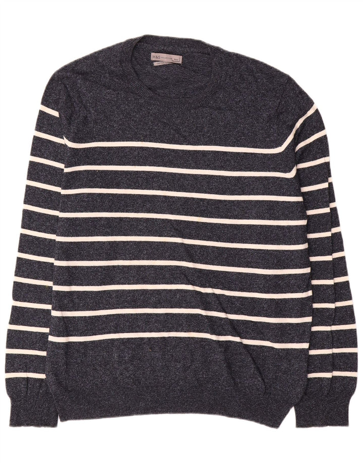 Marks & Spencer - Jersey de cuello redondo para hombre, talla grande, color azul marino a rayas