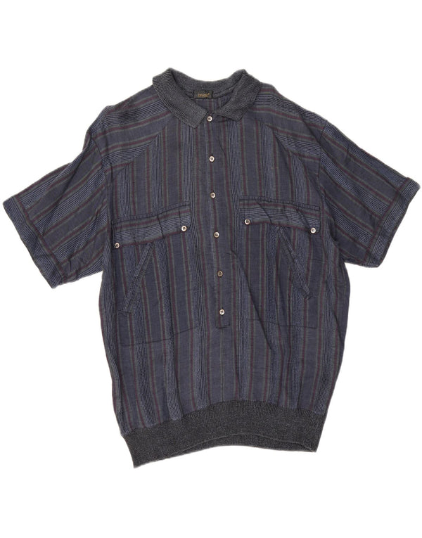 Vintage hombres manga corta pullover camisa IT 50 medio azul marino rayas