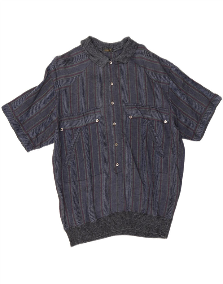 Vintage hombres manga corta pullover camisa IT 50 medio azul marino rayas