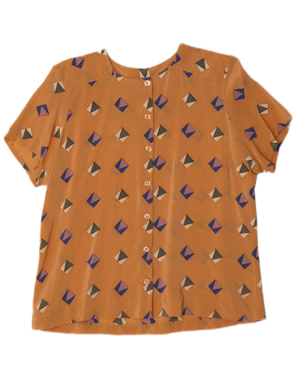 Vintage mujer camisa de manga corta blusa Reino Unido 16 grande marrón geométrico