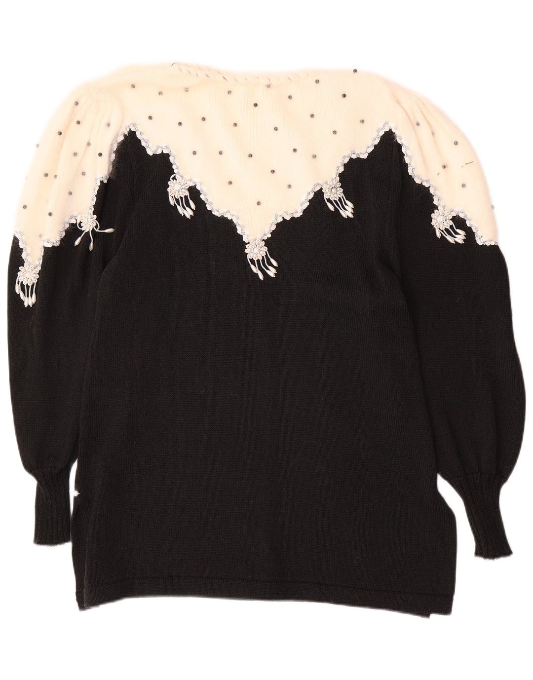 VINTAGE Mujer Barco Cuello Jersey Suéter Reino Unido 14 Medio Negro Colorblock