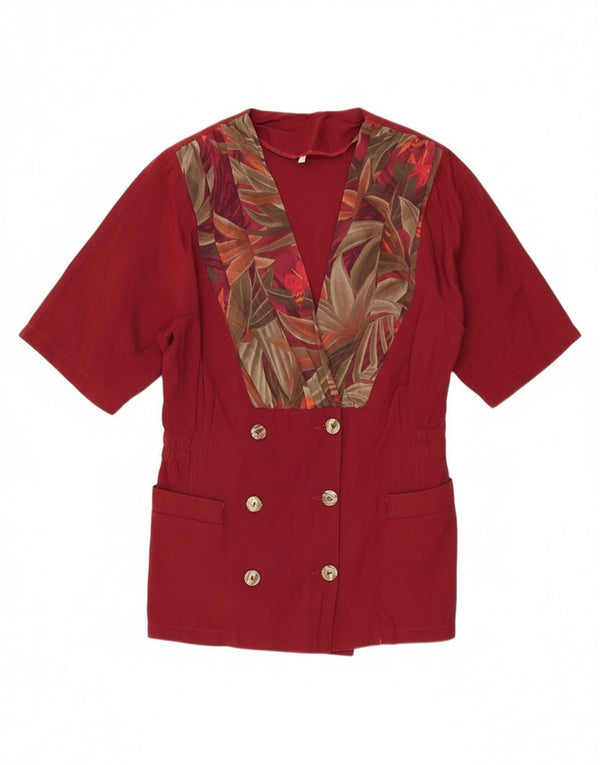 Vintage mujer manga corta Blazer chaqueta Reino Unido 14 grande borgoña floral