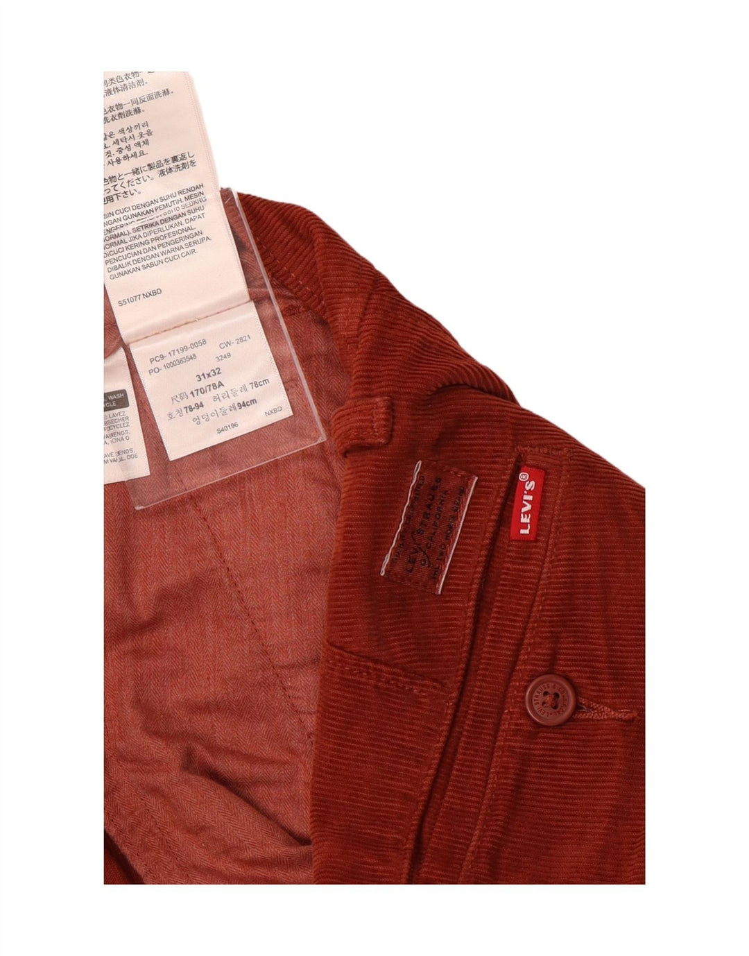 LEVI'S Pantalones de pana ajustados y ajustados para hombre W31 L32 Algodón rojo